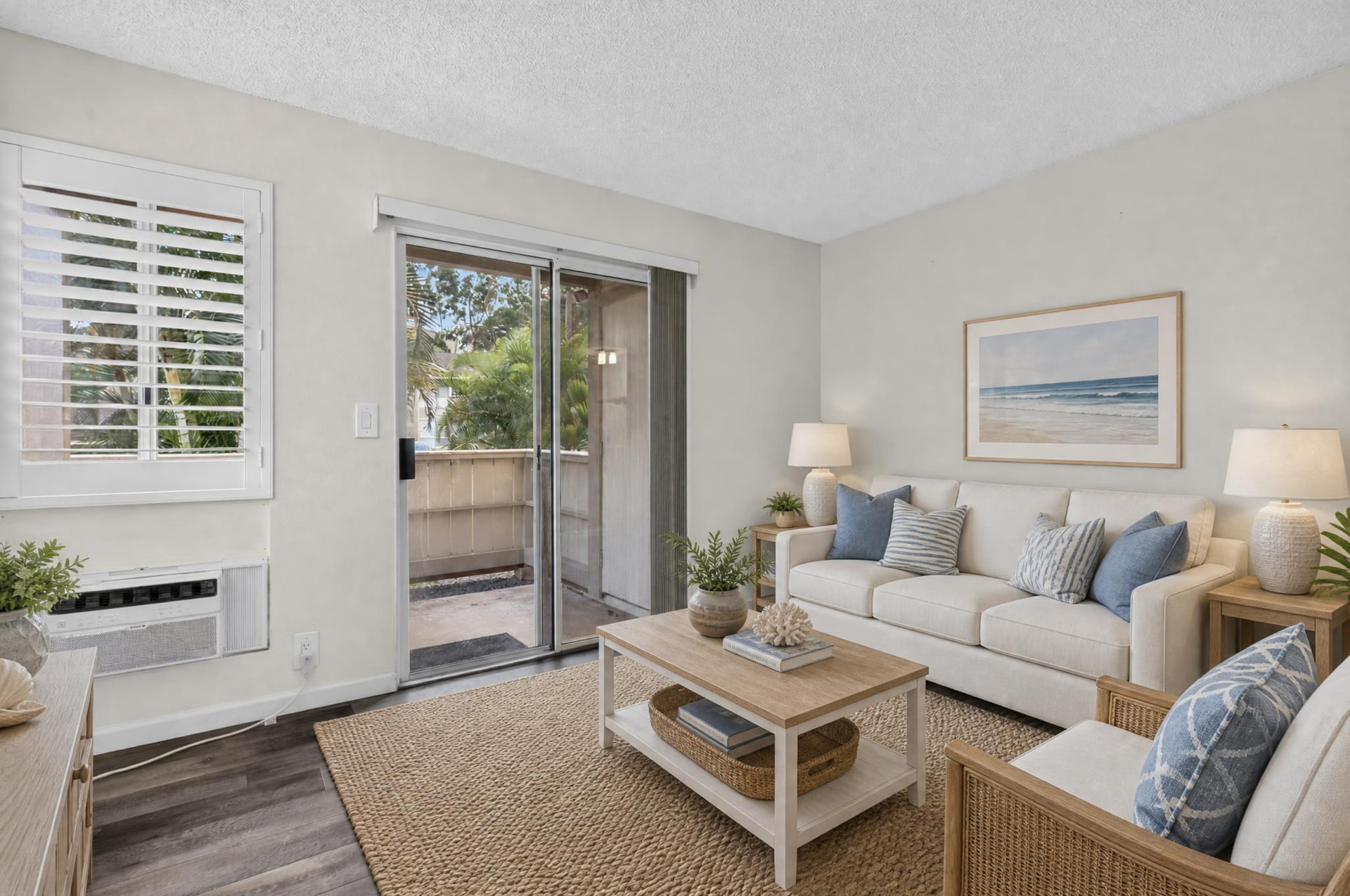 Virtually staged Oahu living room with coastal furnishings