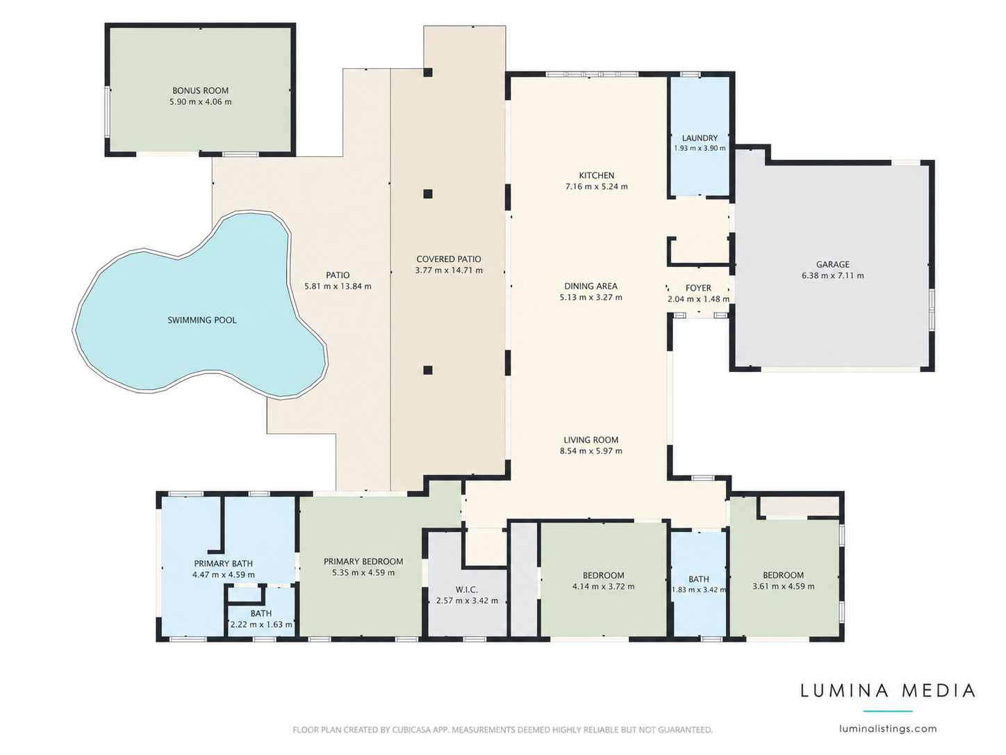 Branded two-dimensional floor plan with room measurements and swimming pool