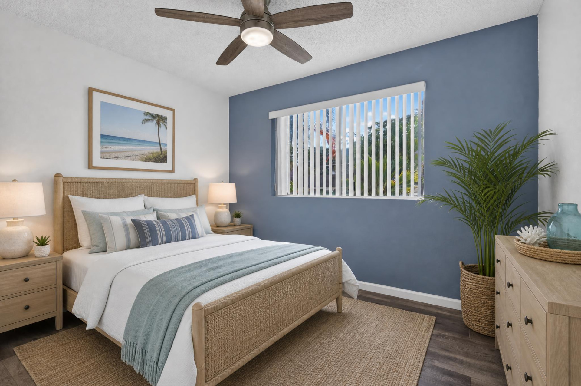 Virtually staged Oahu bedroom with blue accent wall and coastal decor